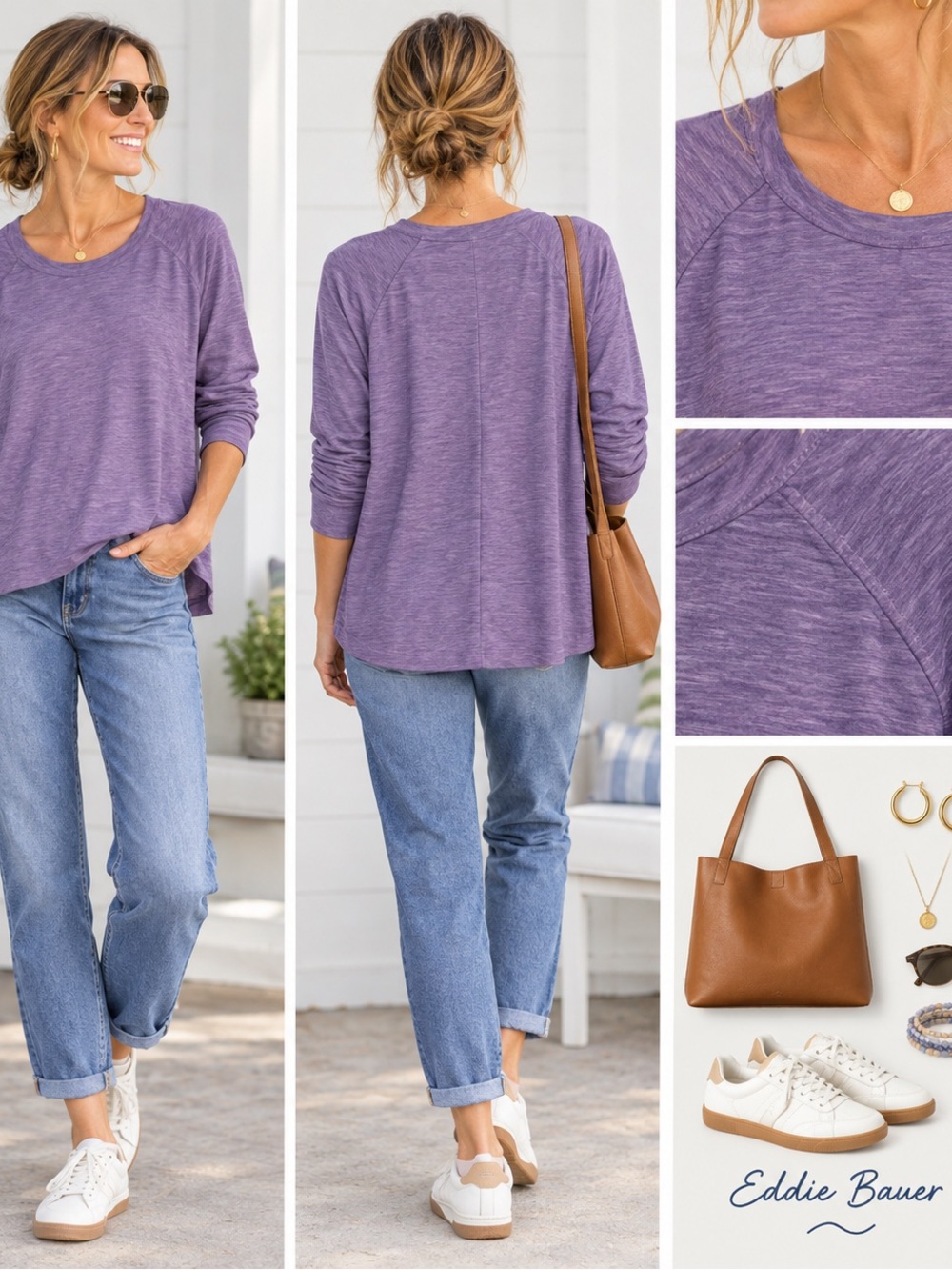 Eddie Bauer Heathered Lavender Scoop-Neck Long Sleeve Top